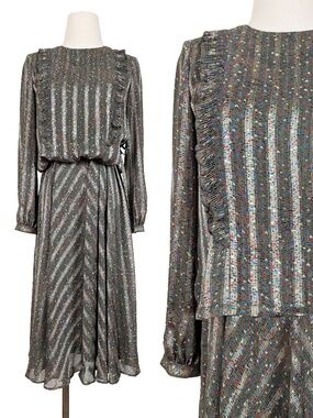 Vintage Louvre Midi Dress Size Small Green Striped Lantern Sleeve Formal